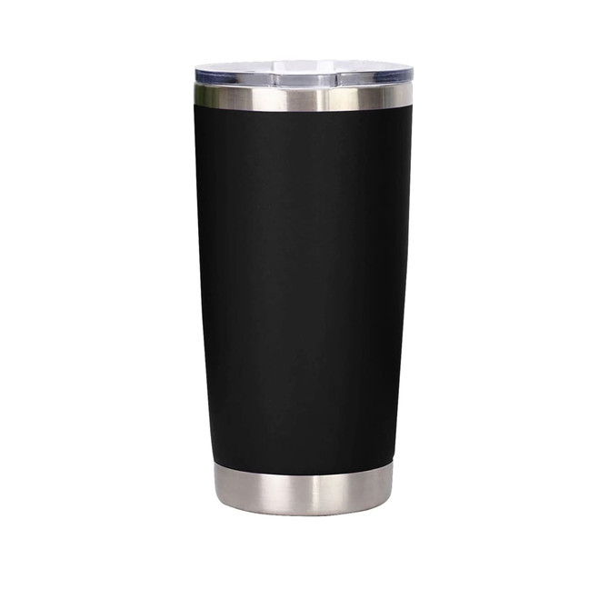 A drink bottle made of recycled stainless steel, featuring a black matte finish and a silver double wall. It has a logo.