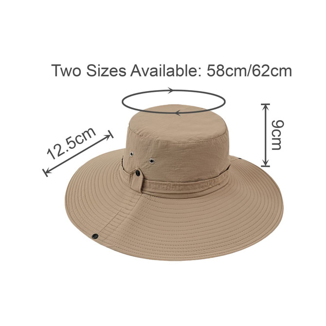 A wide-brim sun hat in a sandy colour with a circular design. Features measurement details for size options.