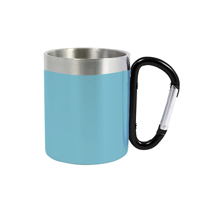 A drink bottle featuring a light blue recycled stainless steel body and a black carabiner handle. A drink bottle featuring a light blue recycled stainless steel body and a black carabiner handle.