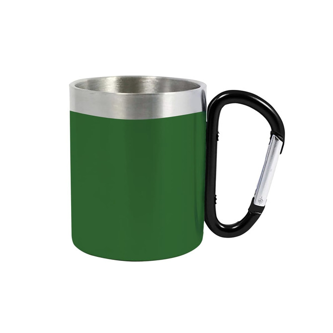 A green stainless steel double-walled mug with a black carabiner handle and a silver rim. A green stainless steel double-walled mug with a black carabiner handle and a silver rim.