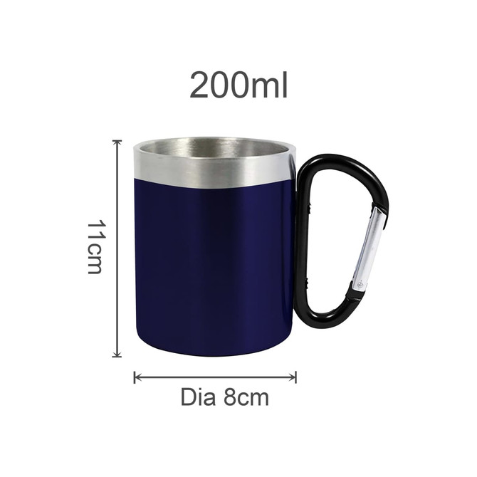 A 200ml recycled stainless steel mug in navy blue, featuring a silver rim and black carabiner handle. A 200ml recycled stainless steel mug in navy blue, featuring a silver rim and black carabiner handle.