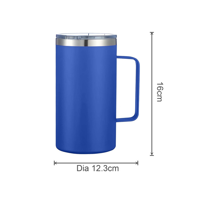 A blue 625ML double wall stainless steel mug with a handle and a metal rim. It features a logo. A blue 625ML double wall stainless steel mug with a handle and a metal rim. It features a logo.