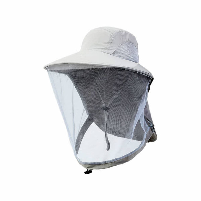 A lightweight beige hat with a transparent mesh face shield and a logo on the side.