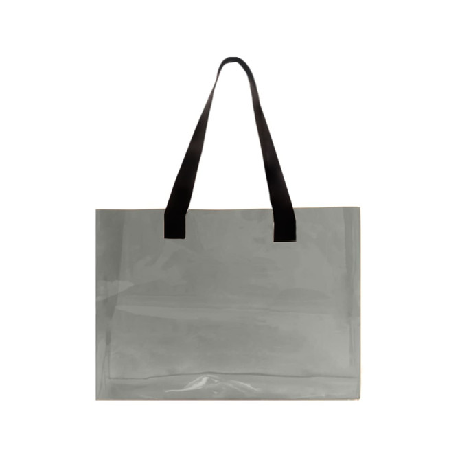 A clear PVC tote bag with black handles, showcasing a simple, minimalist design. A clear PVC tote bag with black handles, showcasing a simple, minimalist design.