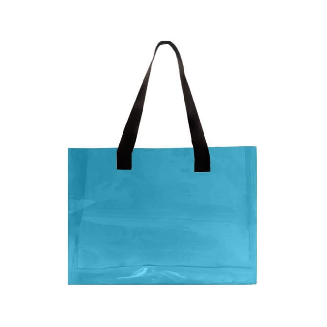 A blue clear tote bag with black handles. The bag has a glossy finish and a simple design. A blue clear tote bag with black handles. The bag has a glossy finish and a simple design.