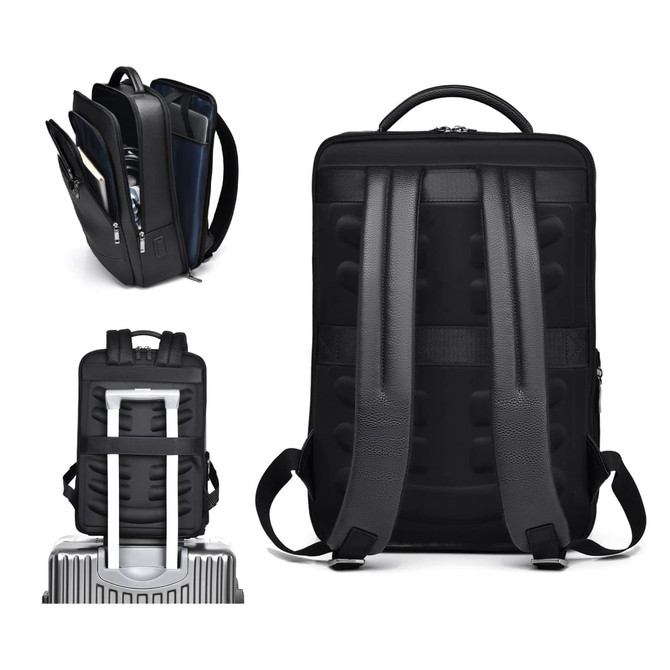A black polyurethane laptop backpack with multiple compartments and padded straps, featuring a logo on the front.