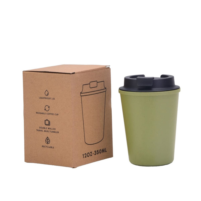 A drink bottle in olive green with a black lid, accompanied by a brown packaging box.