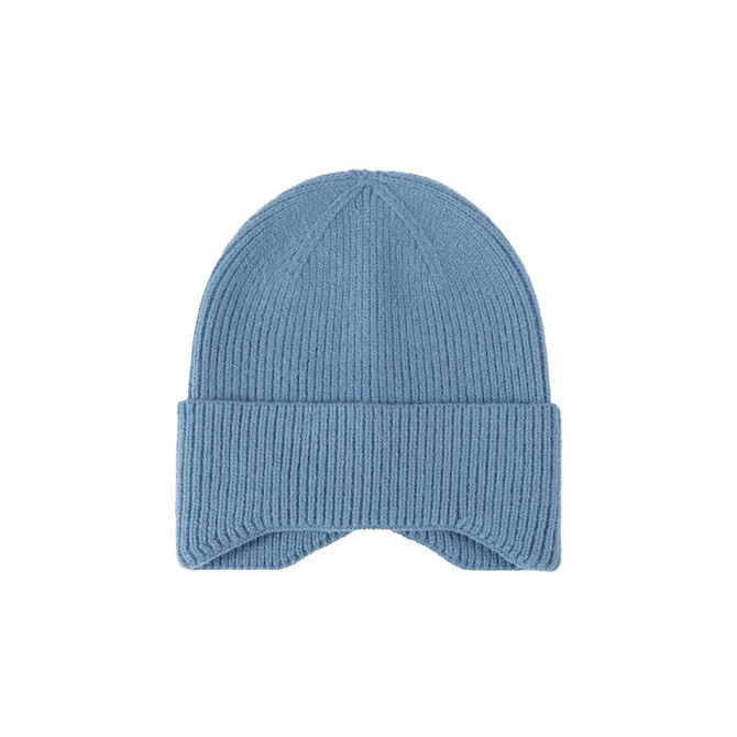 A blue earflap beanie with a ribbed texture and a folded brim, featuring a logo.