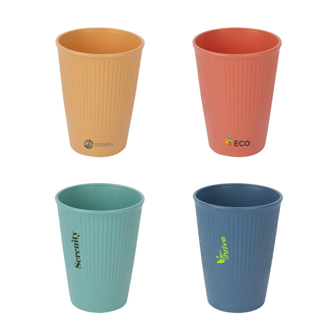 Four ribbed cups in peach, turquoise, green, and navy blue, each featuring a logo or branding. Four ribbed cups in peach, turquoise, green, and navy blue, each featuring a logo or branding.