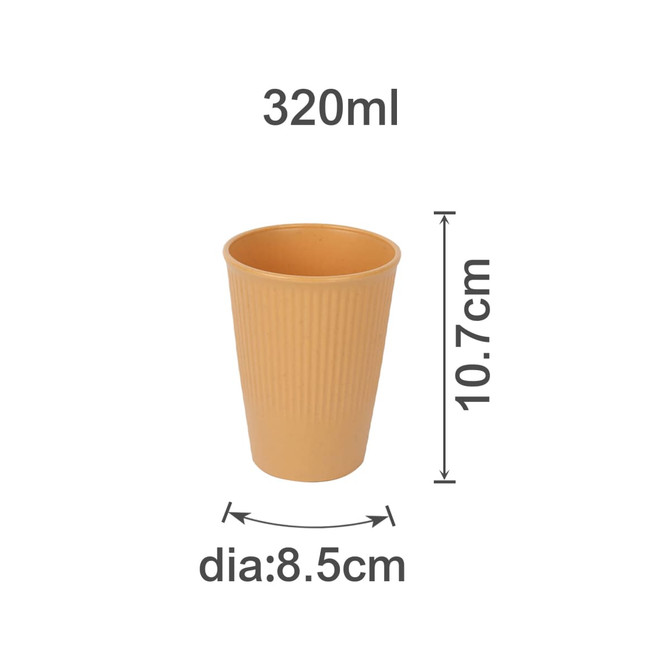 A 320ml wheat straw toothbrush cup in a tan colour with ribbed texture, displaying dimensions. A 320ml wheat straw toothbrush cup in a tan colour with ribbed texture, displaying dimensions.
