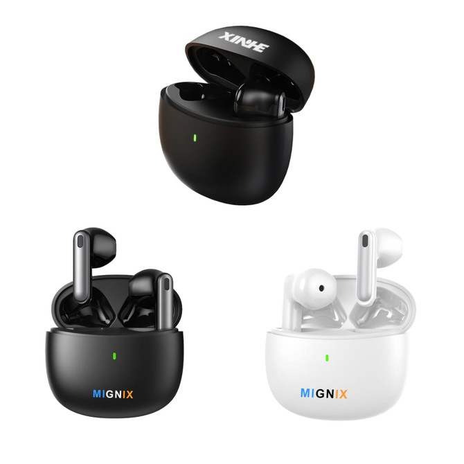 Wireless earbuds in black and white cases, with the earbuds visible inside the open cases. Each case has a logo.