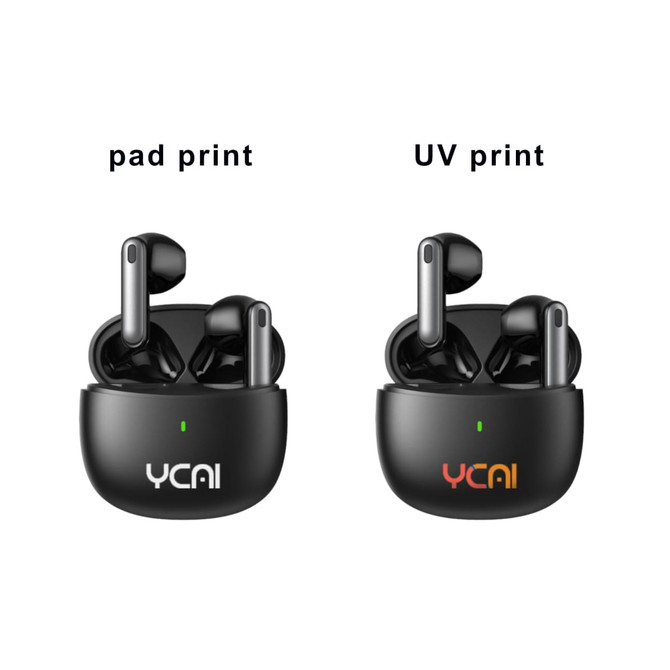 Semi in-ear wireless earbuds in black with two styles of printing displayed. Includes branding on the charging case.