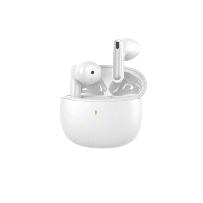 White semi in-ear wireless earbuds in a charging case with a logo and a small indicator light.