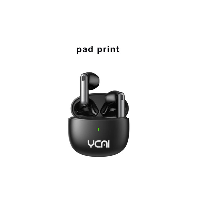 Black semi in-ear wireless earbuds resting in a matching case, featuring a logo and a charging indicator light.