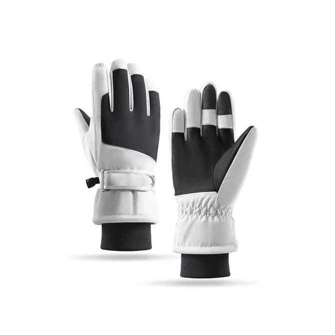 Ski gloves in white and black, featuring a textured grip and adjustable wrist straps. Branding present on the gloves.