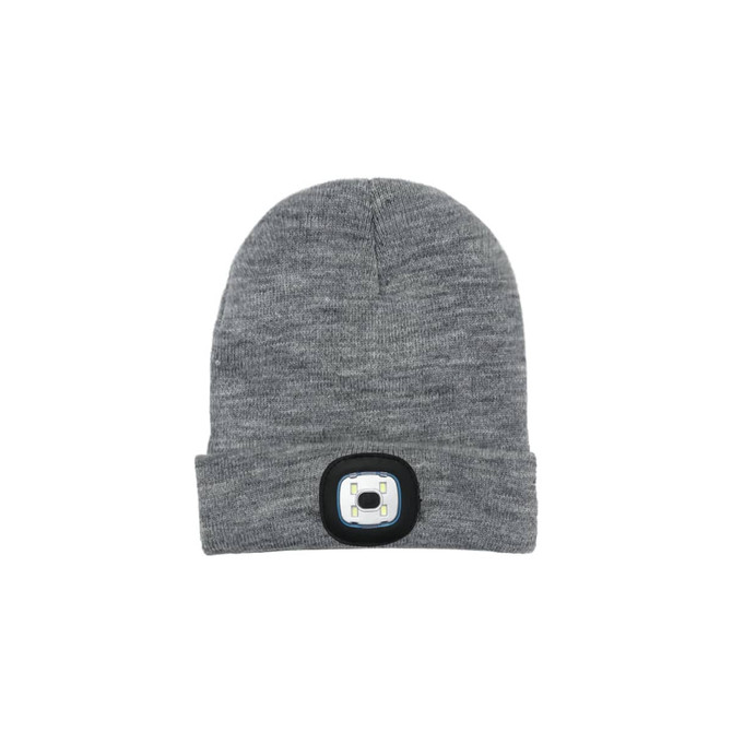 A grey beanie featuring a built-in headlamp, with a circular light panel on the front. It has a logo on the side.