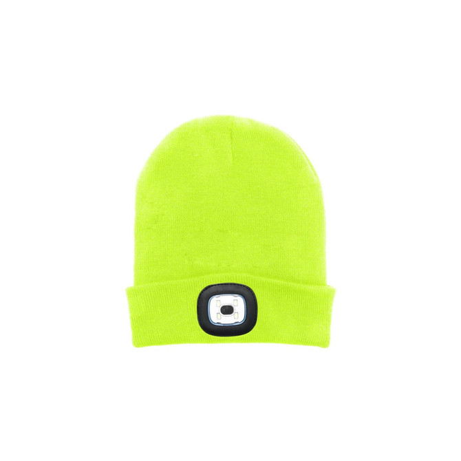 A bright yellow beanie with an integrated headlamp on the front, featuring a black panel.
