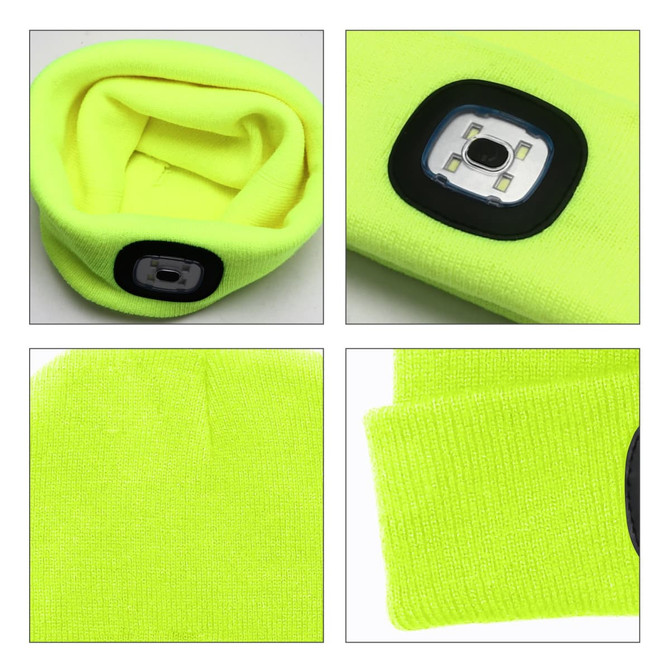 A bright yellow beanie with a black panel that houses a light. The fabric appears soft and stretchy.