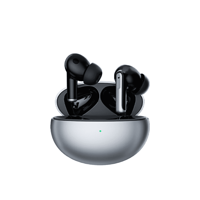 Wireless earbuds in black with a silver charging case, featuring a logo on the case.