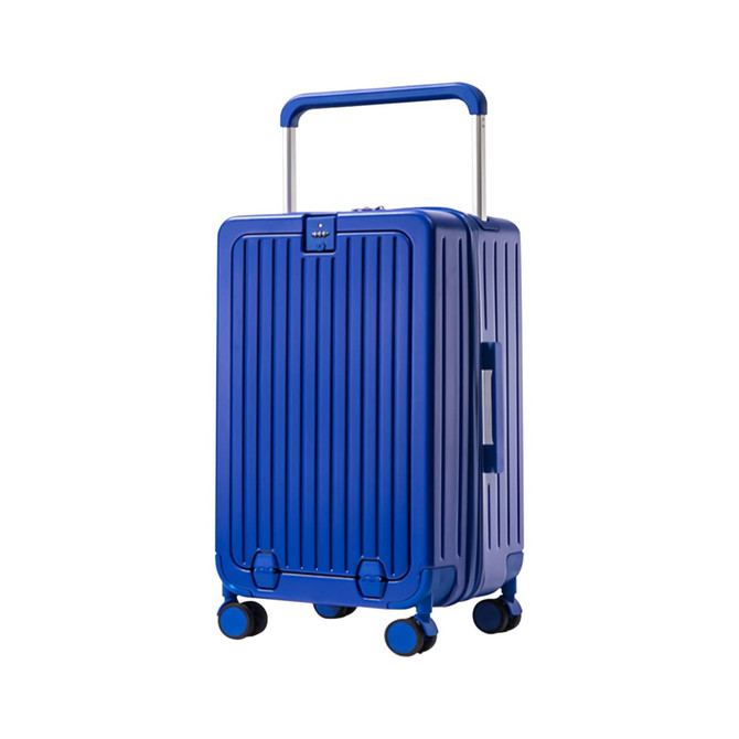 A blue hardside suitcase with a retractable handle and wheels, featuring vertical ridges and a logo.