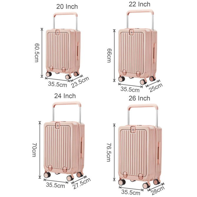 A travel hardside suitcase in pink, featuring multiple sizes with dimensions and a handle and wheels for mobility.
