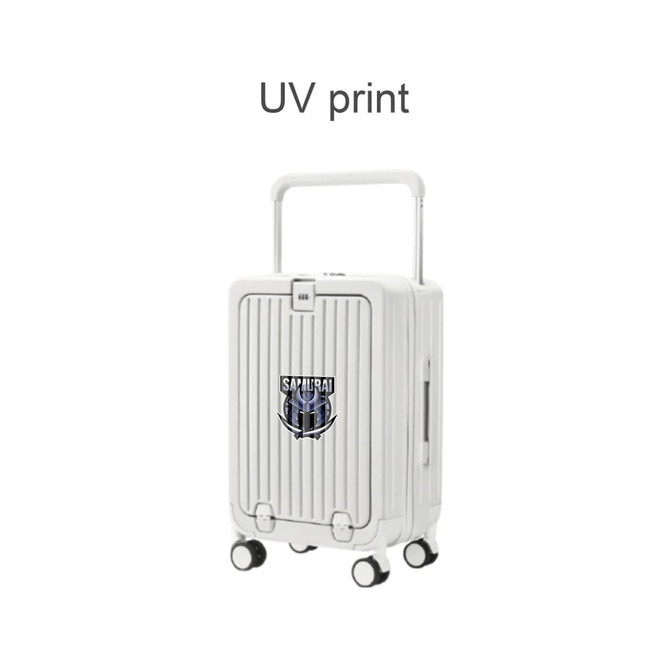 A white hardside suitcase with a logo and a retractable handle, featuring four wheels for easy maneuverability.