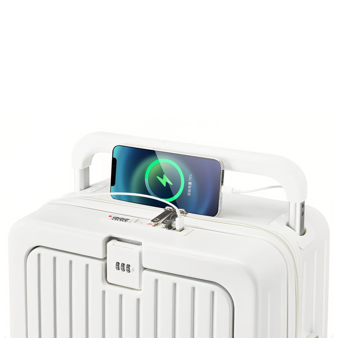 A white hardside suitcase with a smartphone charging on top, featuring a handle and a logo.