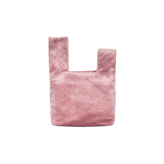 A pink velvet wrist bag featuring a unique knot design and an integrated handle. It has a logo on the surface.