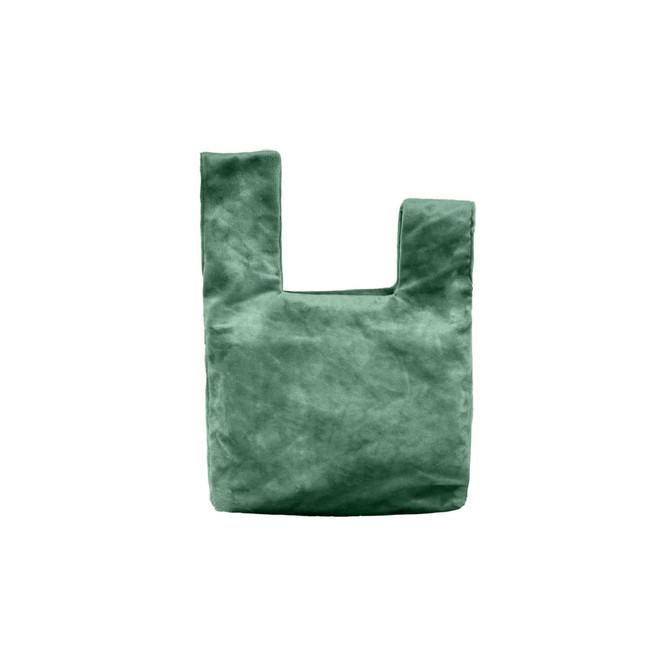 A green velvet wrist bag with a unique knot design and a simple, minimalistic shape. It features a logo.