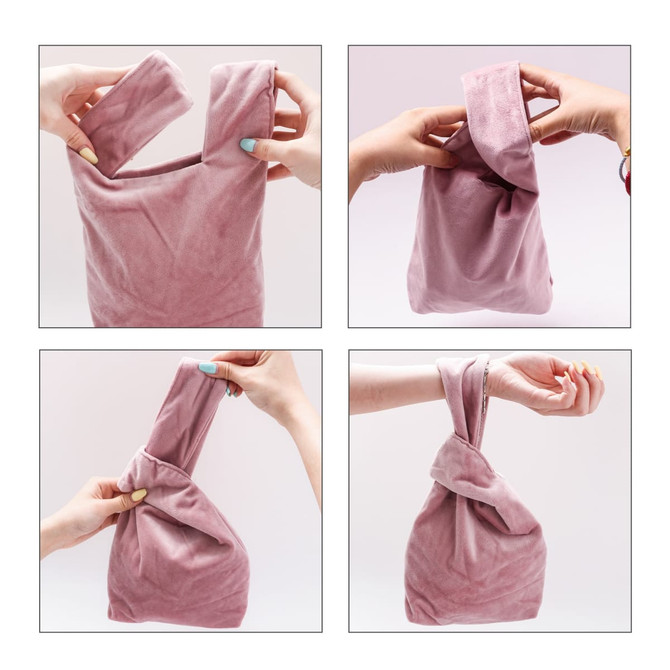 A pink Velvet Knot Wrist Bag is being manipulated into different positions, showcasing its flexible design.