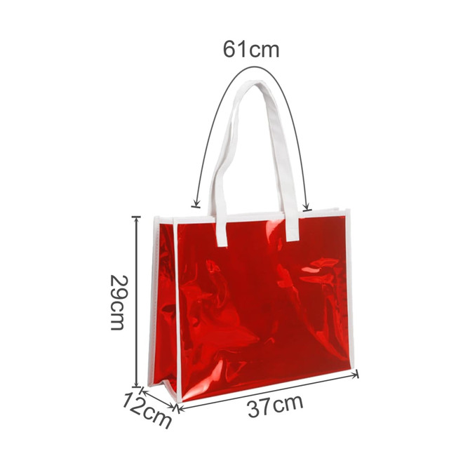 A red PVC handbag with white handles, featuring measurements of 61cm width, 29cm height, and 12cm depth.