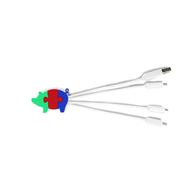 A custom PVC charging cable in the shape of a puzzle pig, featuring green, red, and blue colours, with multiple connectors.