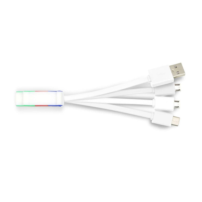 A custom white charging cable with USB, micro USB, and Lightning connectors, featuring a branding logo.