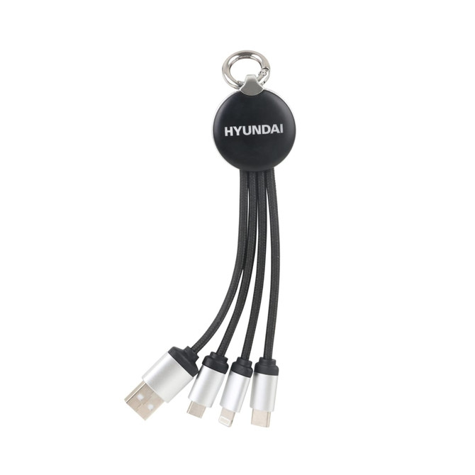 A round-shaped black light-up charging cable with multiple connectors, attached to a keychain. Features a logo.