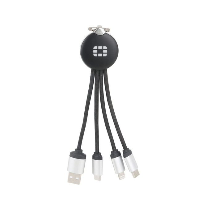 A round, black light-up charging cable with multiple connectors for different devices. It includes a logo on the front.