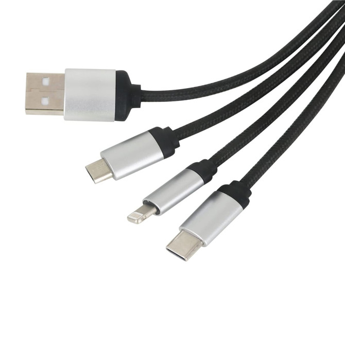 A round-shaped, light-up charging cable in black and silver with multiple connectors for various devices.