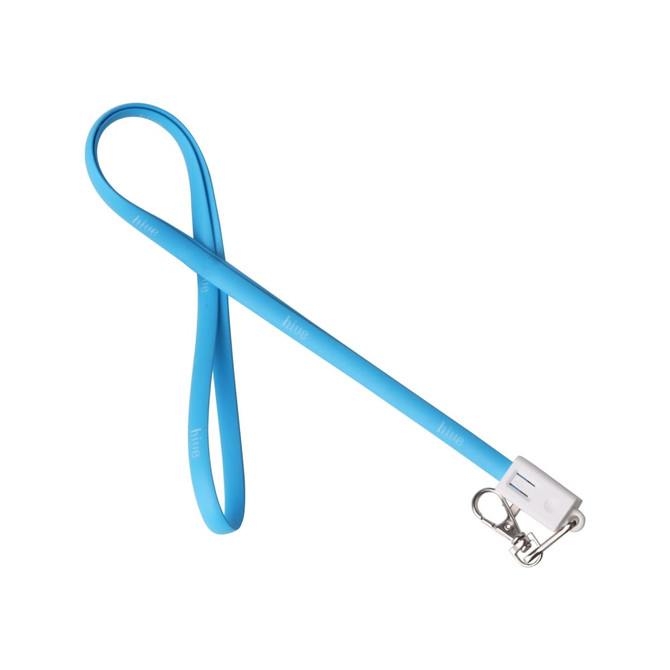 A blue TPE lanyard charging cable with a silver clip at one end and a smooth, flexible design.