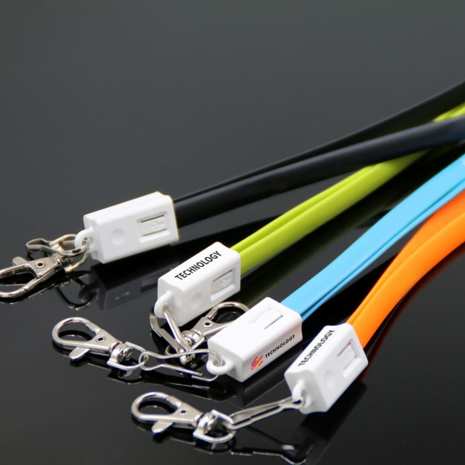 A set of TPE lanyard charging cables in black, lime green, blue, and orange, featuring clips and branding.