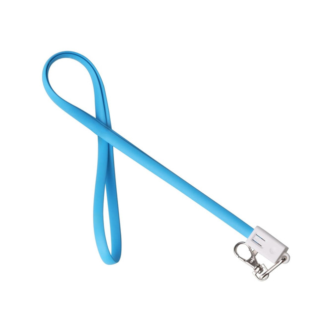 A blue TPE lanyard charging cable with a clip attachment and a smooth, flexible design.