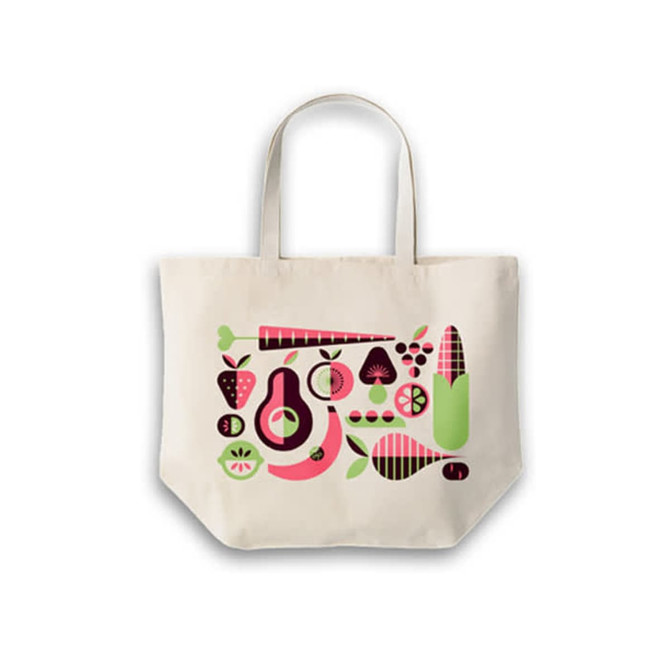 A cream calico bag with a gusset featuring a vibrant fruit and vegetable print, along with a branding logo. A cream calico bag with a gusset featuring a vibrant fruit and vegetable print, along with a branding logo.