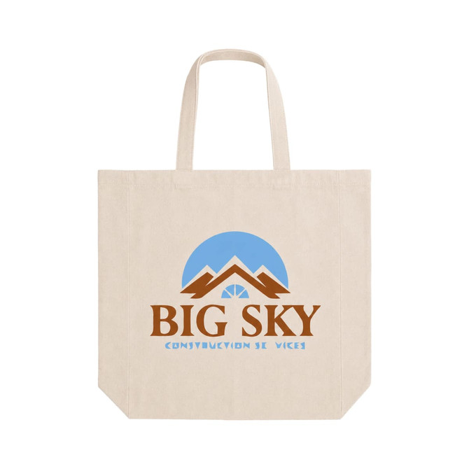 A beige calico tote bag with a short handle and a gusset, featuring a logo design.