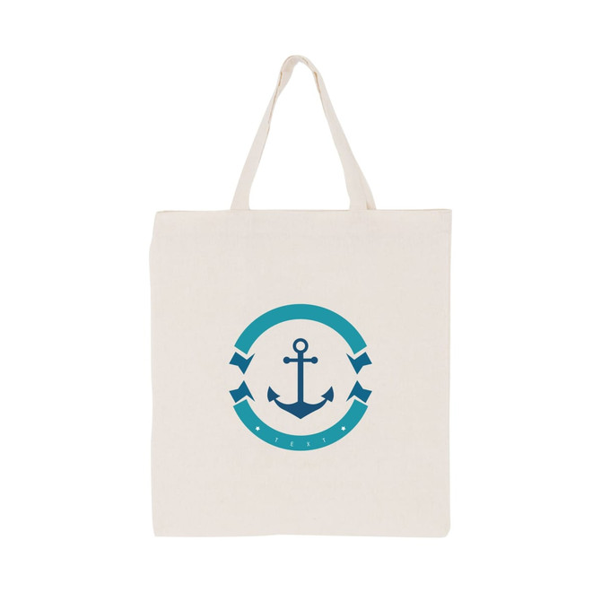 A cream-coloured calico bag with a short handle, featuring a logo with an anchor design. A cream-coloured calico bag with a short handle, featuring a logo with an anchor design.