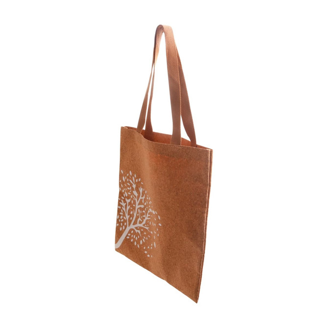 A brown cork tote bag with a tree design and double shoulder straps, featuring a logo on one side.