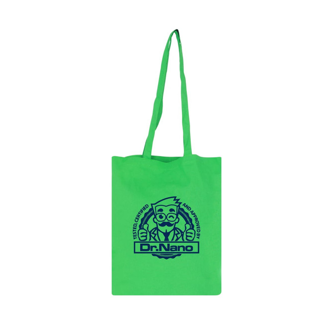 A bright green cotton tote bag with long handles features a logo in blue. A bright green cotton tote bag with long handles features a logo in blue.