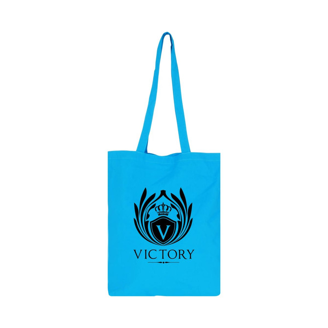 A light blue cotton bag with long handles and a logo on the front. A light blue cotton bag with long handles and a logo on the front.