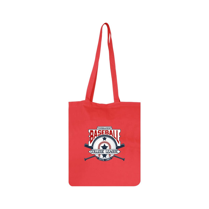 A red cotton tote bag with long handles and a logo featuring a baseball design. A red cotton tote bag with long handles and a logo featuring a baseball design.