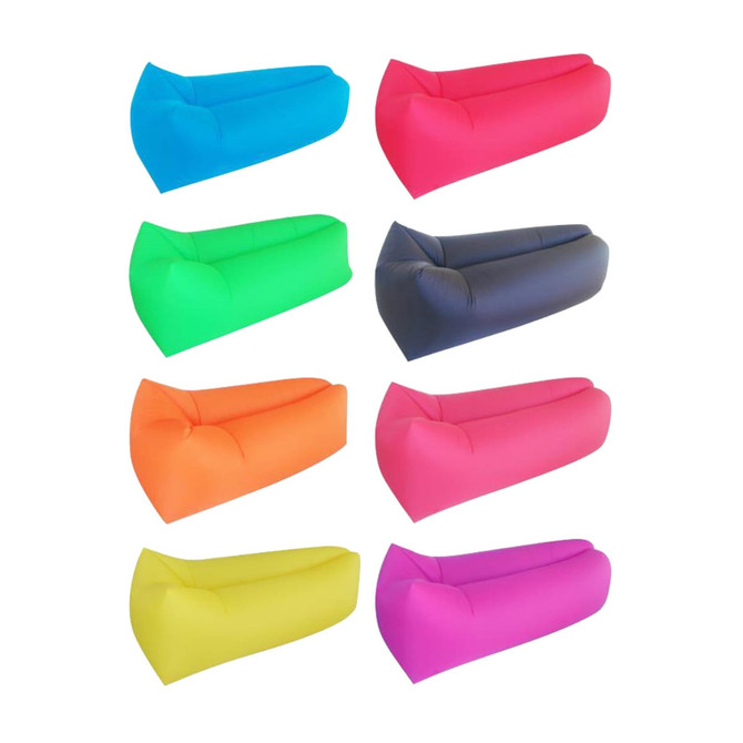 An assortment of inflatable lazy beds in vibrant colours: pink, green, orange, blue, and yellow, arranged in a grid.