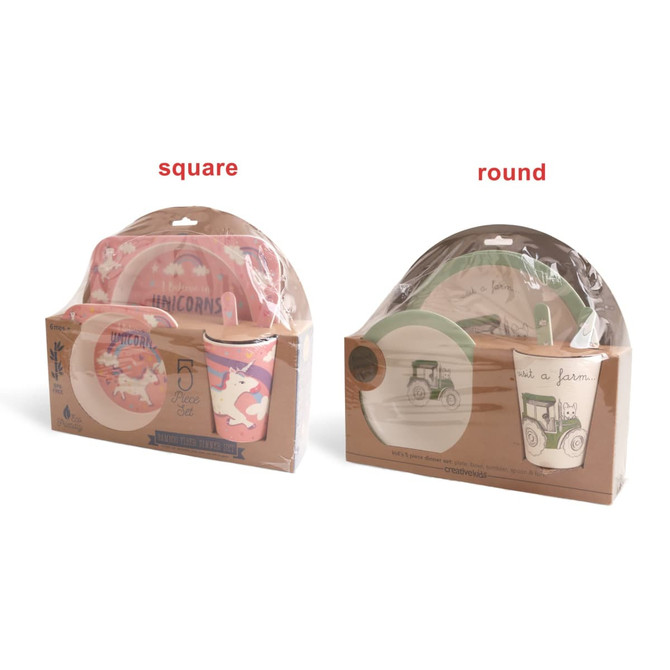 Bamboo fibre tableware set featuring square and round plates in vibrant colours, packaged with a logo.