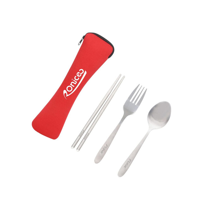 A red zippered case containing three stainless steel travel utensils: a fork, spoon, and chopsticks.