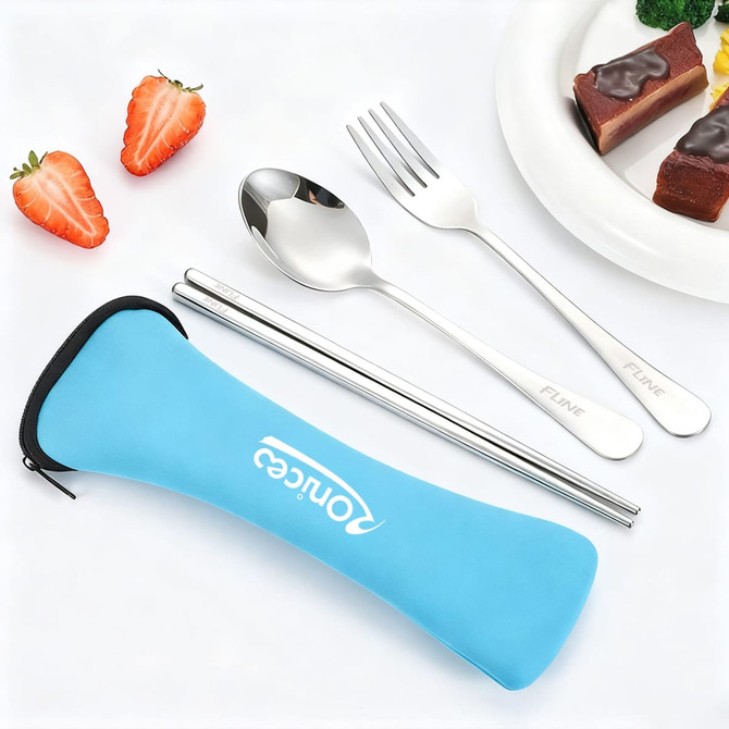 A light blue carrying case with a three-piece stainless steel utensil set, including a spoon, fork, and chopsticks.